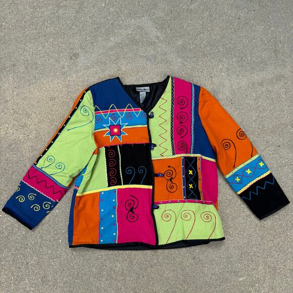 Vintage Indigo Moon Neon Embroidered Patchwork Art Deco Jacket - Size Large - Picture 1 of 6